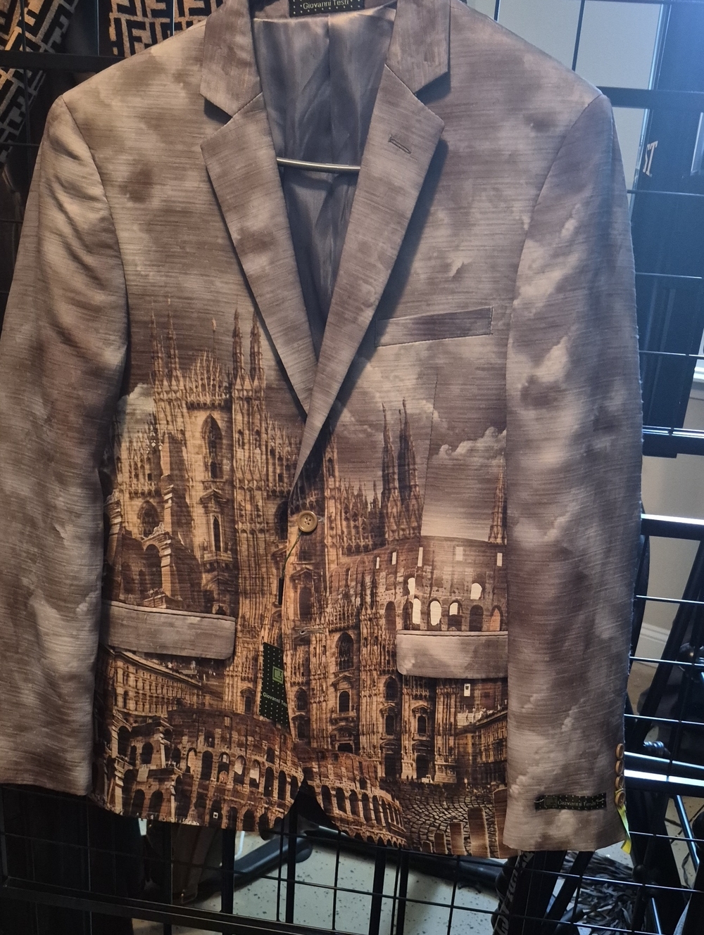 Men's Gray Printed Single-Breasted Blazer with Architectural Motif